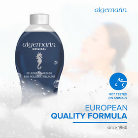 Algemarin original scent foam bath packaging displayed on a bathroom shelf.