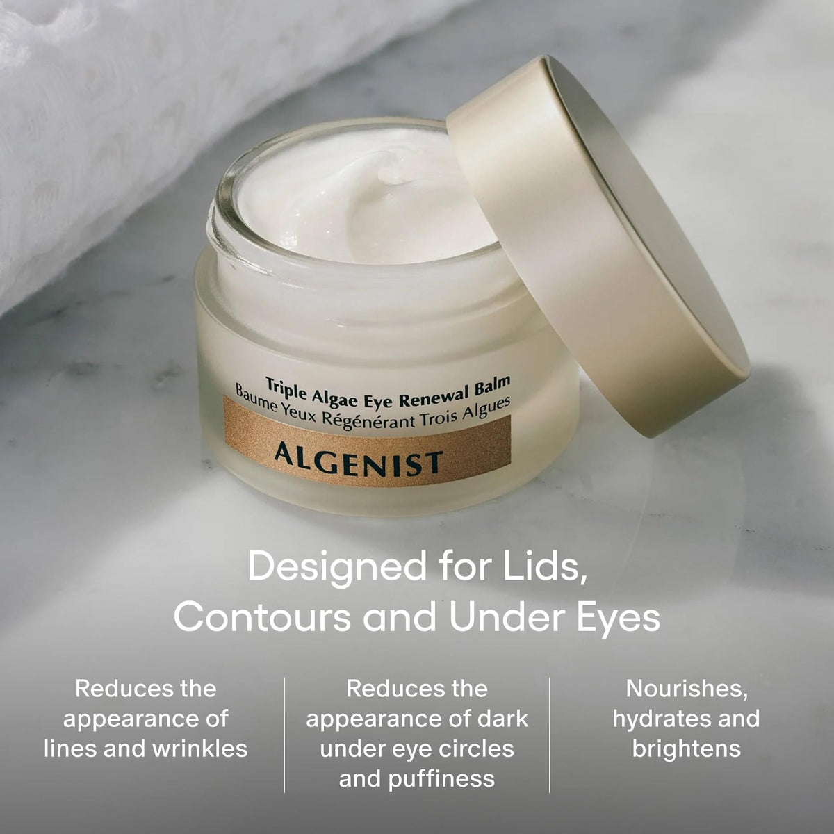 Algenist Alguronic Acid technology shown, highlighting protective care for the eye area.