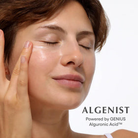 Algenist caffeine eye cream application highlighting energizing effect on tired-looking eyes.