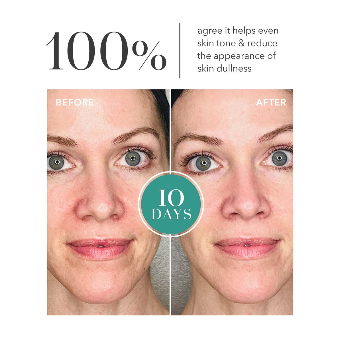 Application scene showing Algenist Genius Essence enhancing skin radiance after use.