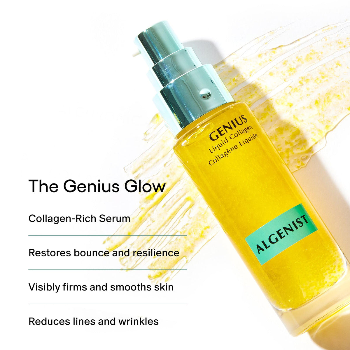 Genius Liquid Collagen Serum texture close-up showing lightweight hydration.