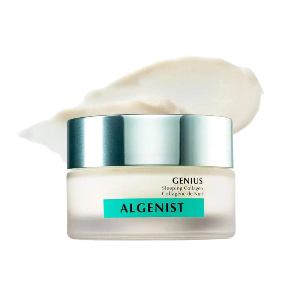 Algenist Genius Sleeping Collagen Night Cream jar texture for deep overnight hydration and smoothing.