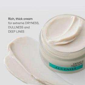 Algenist Genius Sleeping Collagen Night Cream texture close-up highlights cushiony, hydrating feel.