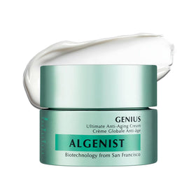 Algenist Genius Ultimate Anti-Aging Cream jar front with premium packaging and hydration-boosting formula