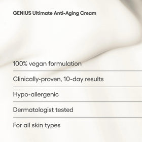 Packaging-label closeup of Algenist Genius Ultimate Anti-Aging Cream for all skin types