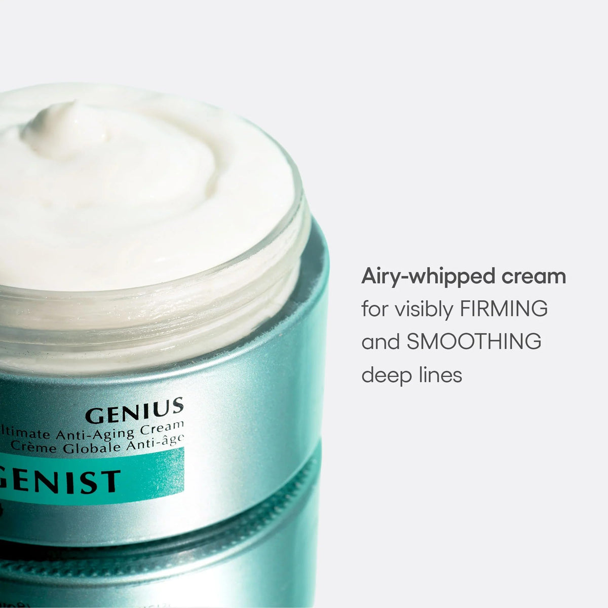 Texture closeup of Algenist Genius Ultimate Anti-Aging Cream showing creamy silky consistency