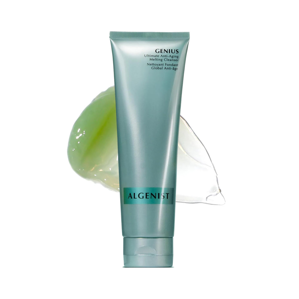 Algenist GENIUS Ultimate Cleanser bottle melting makeup into silky oil.