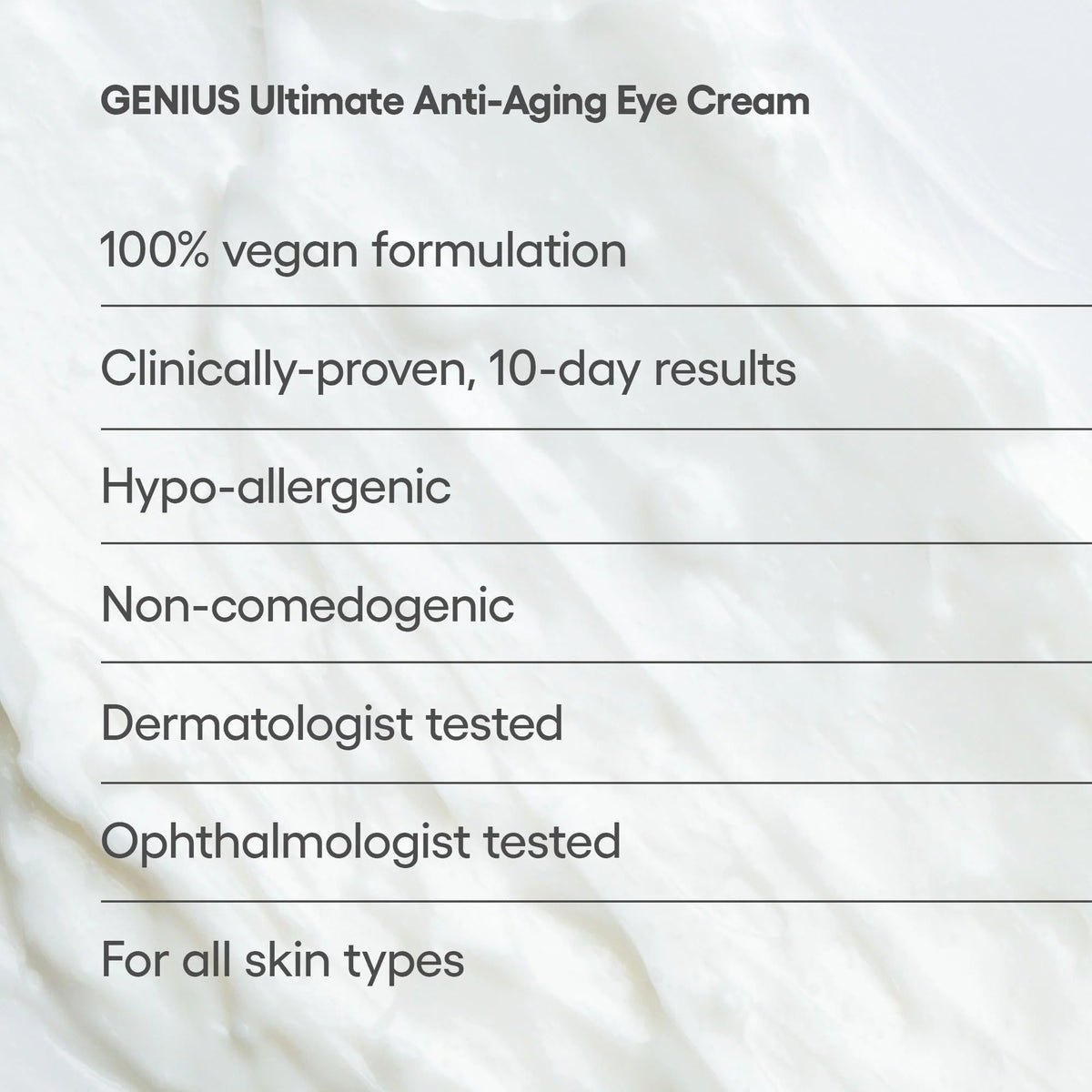 Algenist GENIUS Ultimate Eye Cream under-eye-area swatch demonstrates texture ready for blending