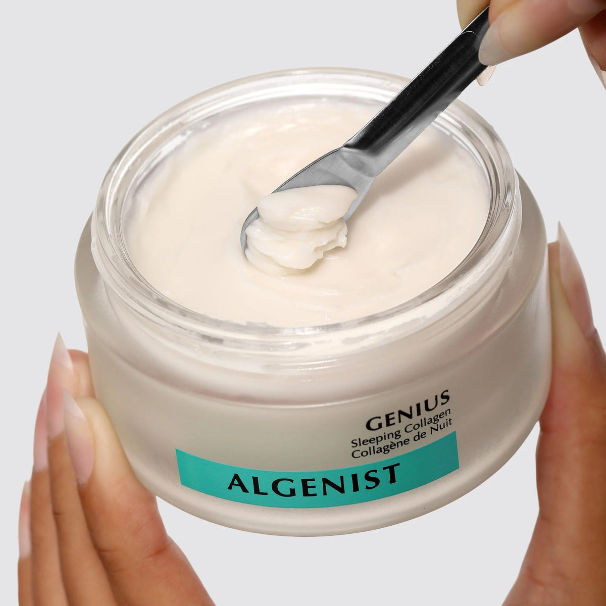 Algenist Radiant morning glow close-up hints at a dewy look after overnight use.