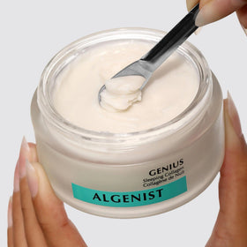 Algenist Radiant morning glow close-up hints at a dewy look after overnight use.
