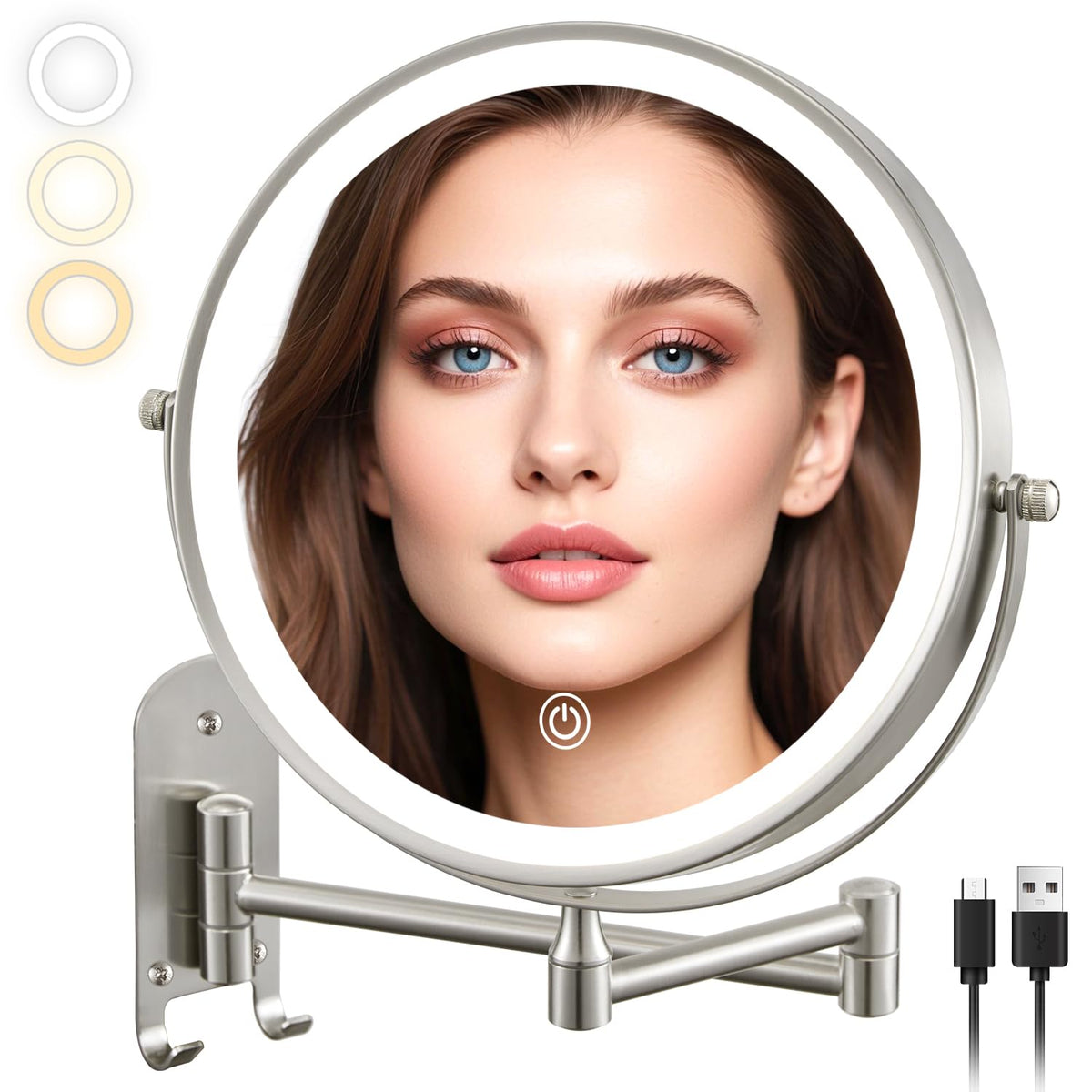 ALHAKIN 9-inch wall-mount makeup mirror in nickel finish for broad, clear viewing.
