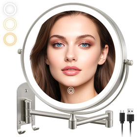 ALHAKIN 9-inch wall-mount makeup mirror in nickel finish for broad, clear viewing.
