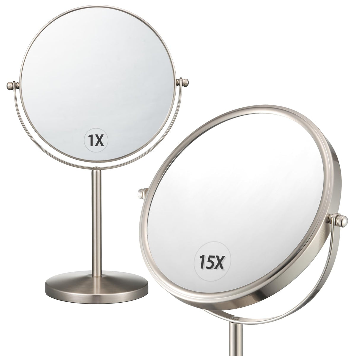ALHAKIN double-sided magnifying mirror with stand for precise 1x and 15x makeup details.