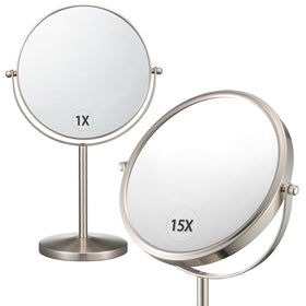 ALHAKIN double-sided magnifying mirror with stand for precise 1x and 15x makeup details.