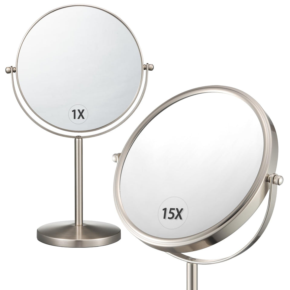 ALHAKIN double-sided magnifying mirror with stand for precise 1x and 15x makeup details.
