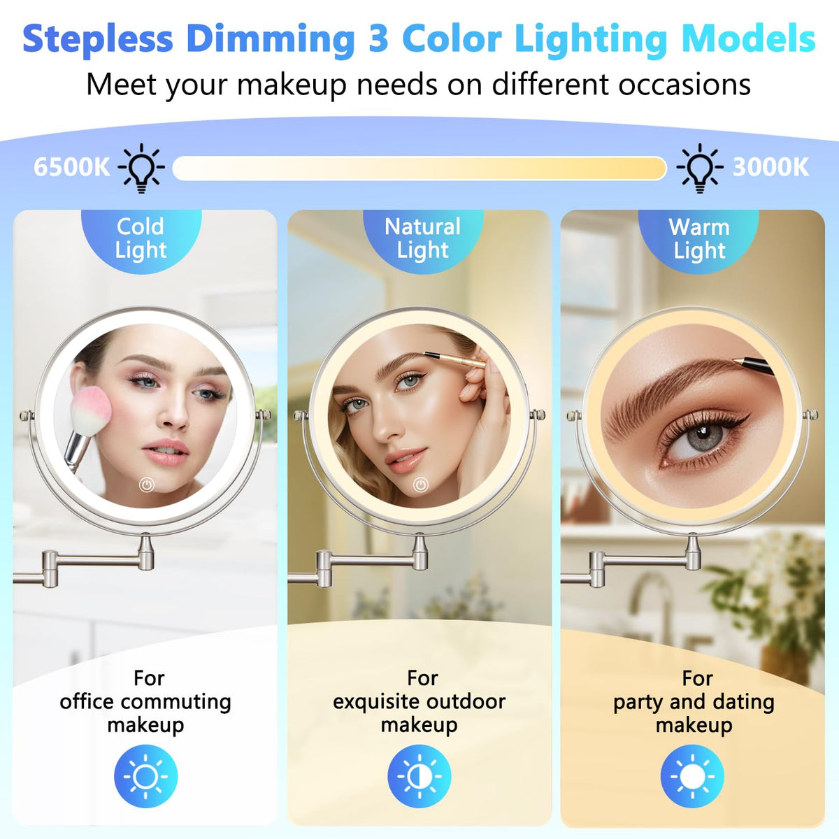ALHAKIN LED makeup mirror with 3 color lights for adaptable, flattering illumination.