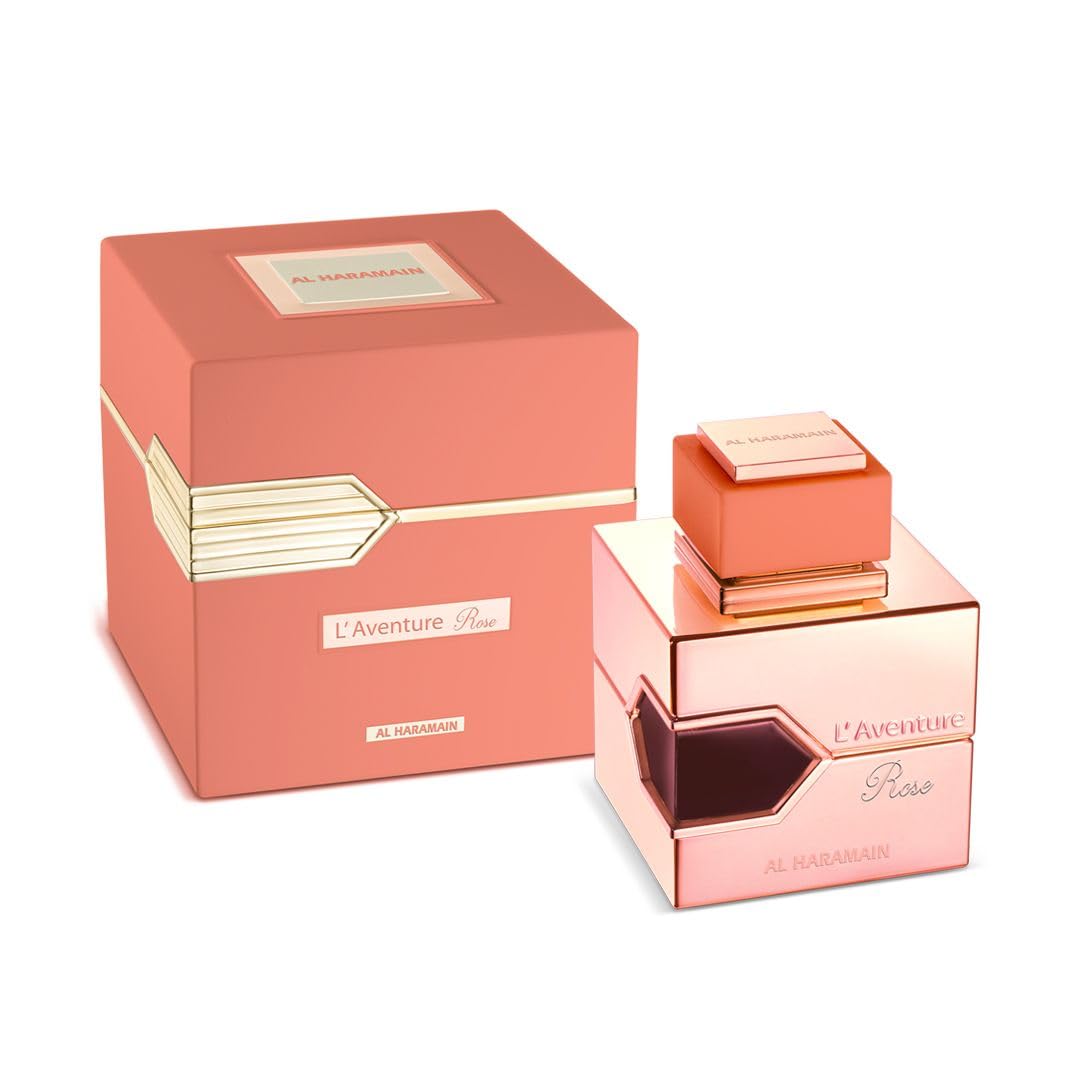 Al Haramain L'aventure Rose bottle close-up shows rose notes for everyday elegance.