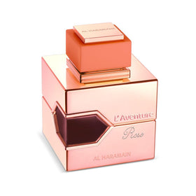 Al Haramain L'aventure Rose packaging highlights premium floral amber fragrance.