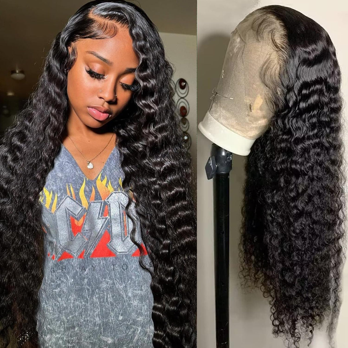 Ali Bling 13x6 deep wave wig closeup with natural hairline for seamless parting