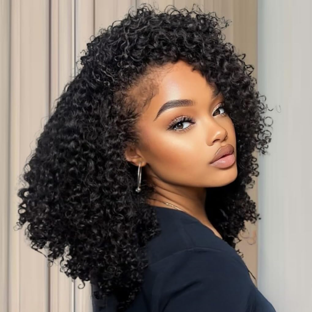 Ali Grace kinky curly half wig 250% density on model for natural voluminous fullness.