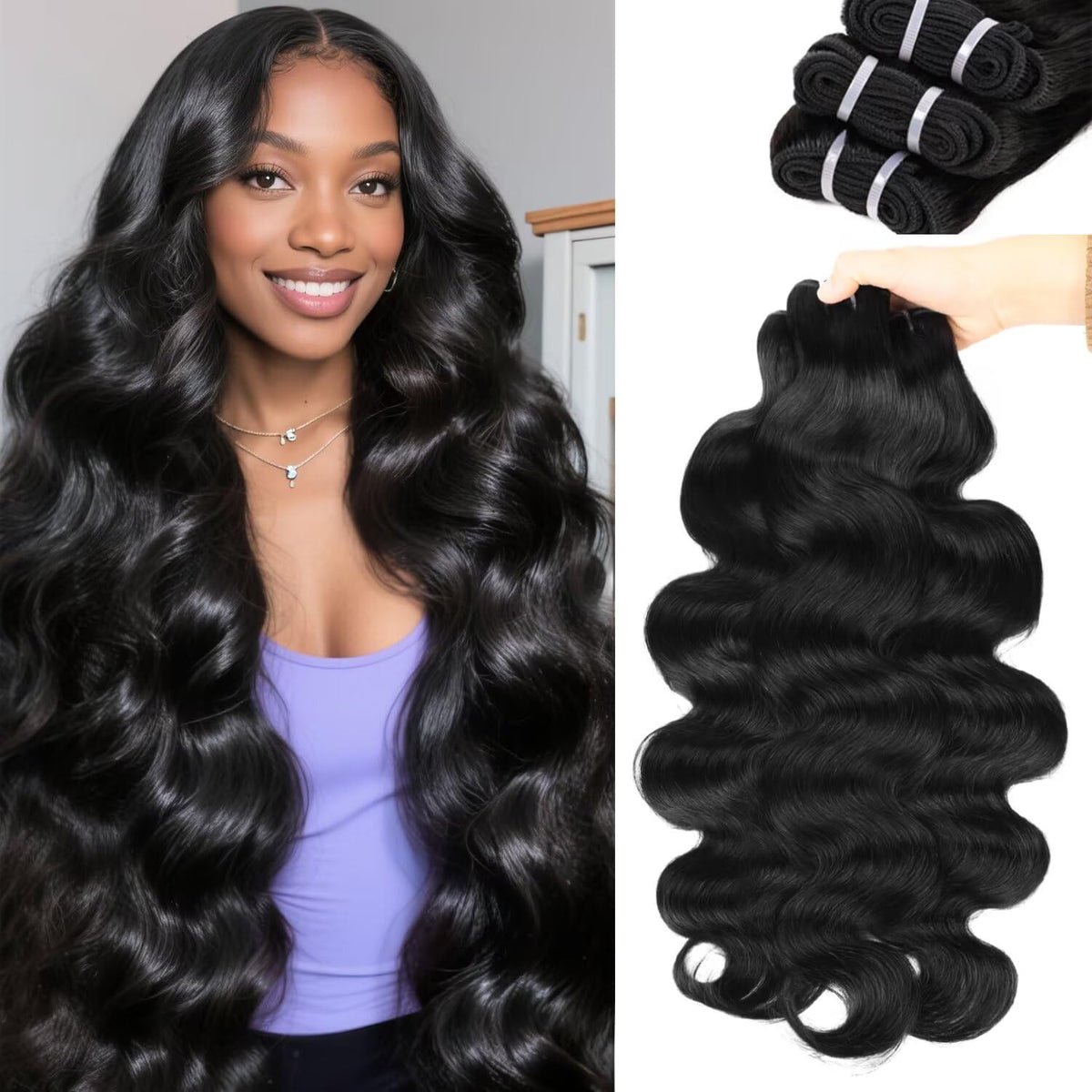 Ali Love 16A raw Brazilian body wave bundles in natural black offer voluminous sew-in style.