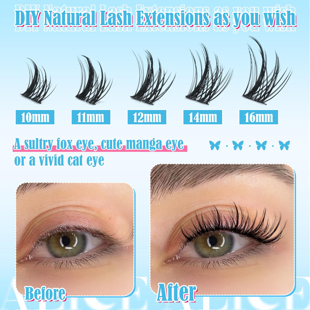 ALICE 3D anime lashes 10–16mm display fluffy wispy clusters for versatile looks.