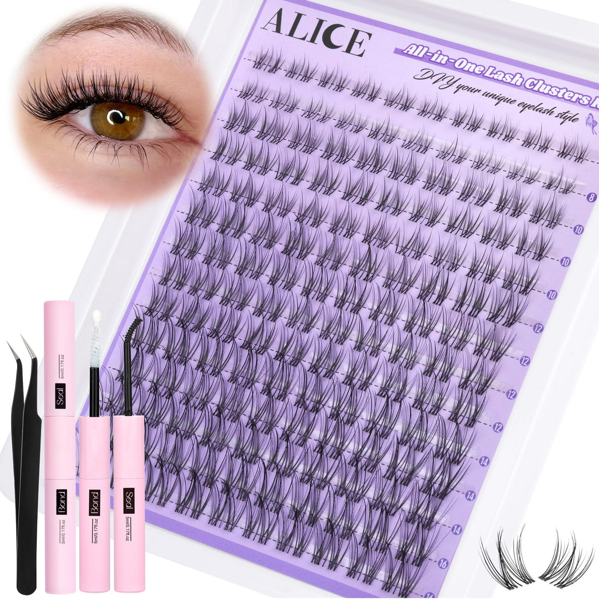 ALICE Cluster eyelash kit natural wispy 11-13mm lashes for everyday enhancement.