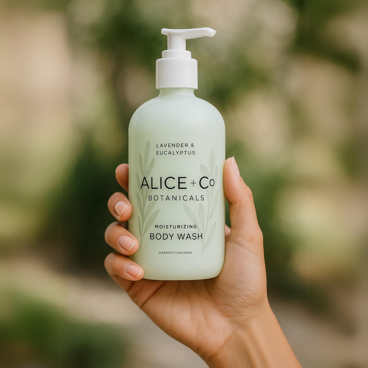 Alice + Co. hotel-exclusive collection bottle ready for guest amenities.