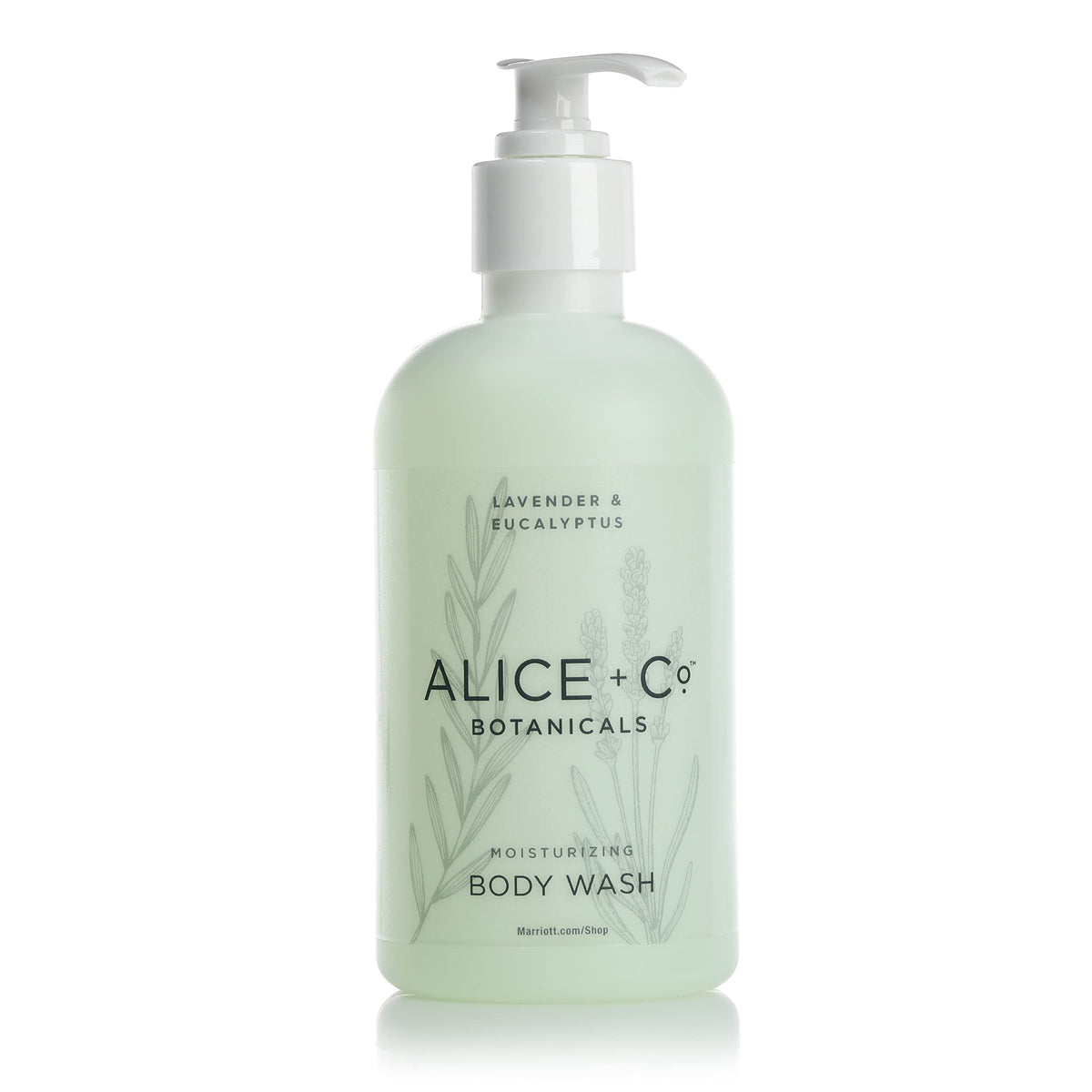 Alice + Co. Lavender & Eucalyptus body wash bottle, promoting a calming spa-like aroma.