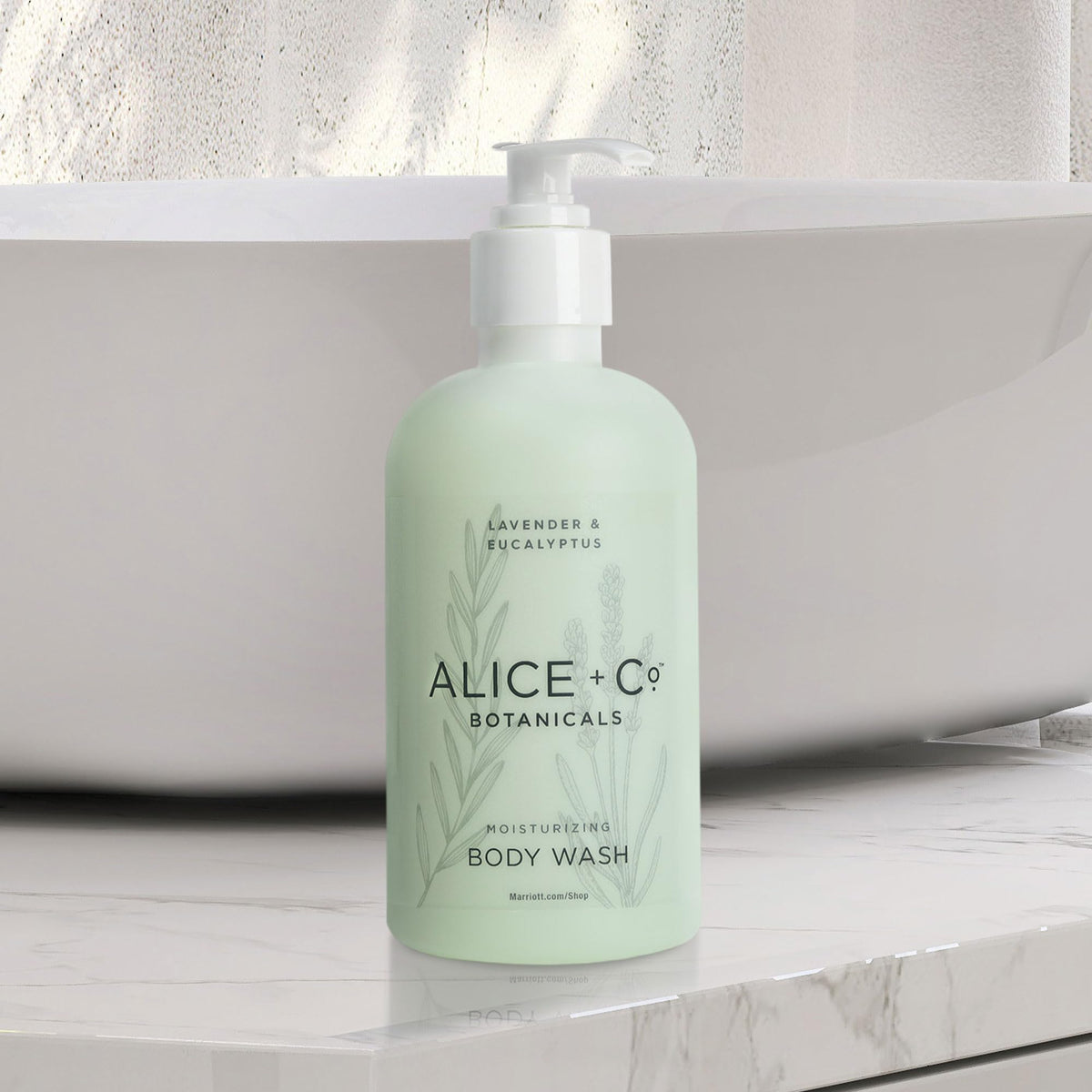 Alice + Co. hotel-branding on body wash for Fairfield by Marriott partners.