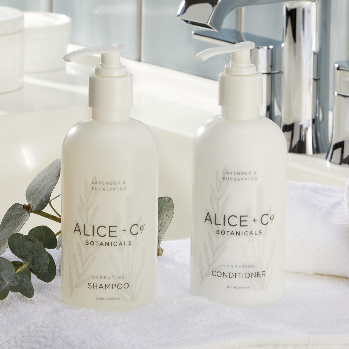 Alice + Co. hotel amenities collection on bathroom display.