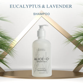 Alice + Co Lavender and Eucalyptus shampoo bottle closeup with natural fragrance