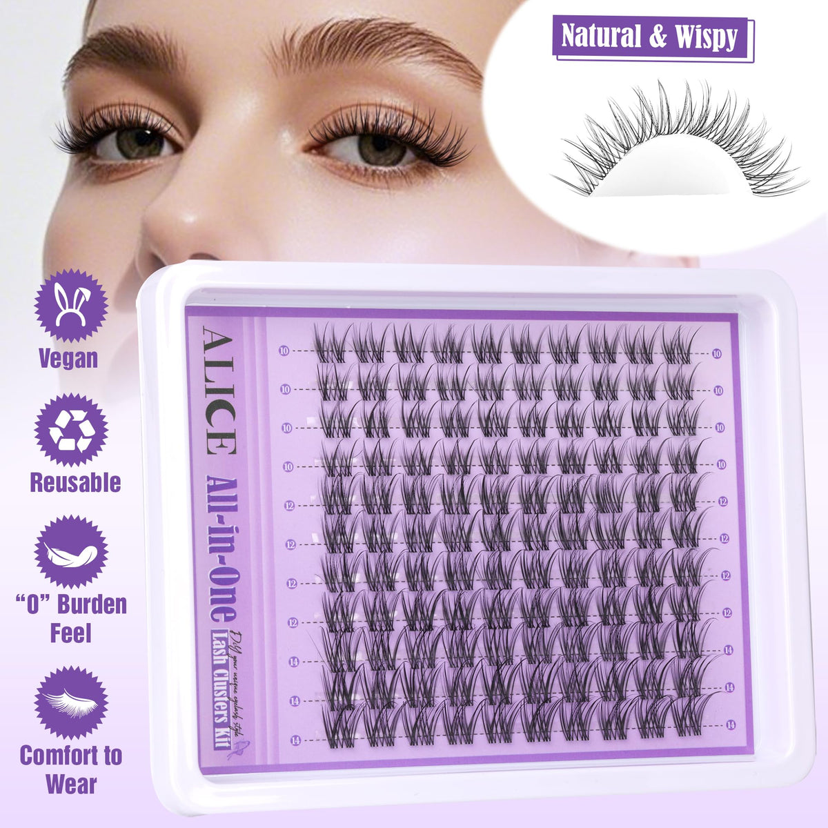 ALICE lash clusters wispy 10-14mm for a soft, fluttery finish.