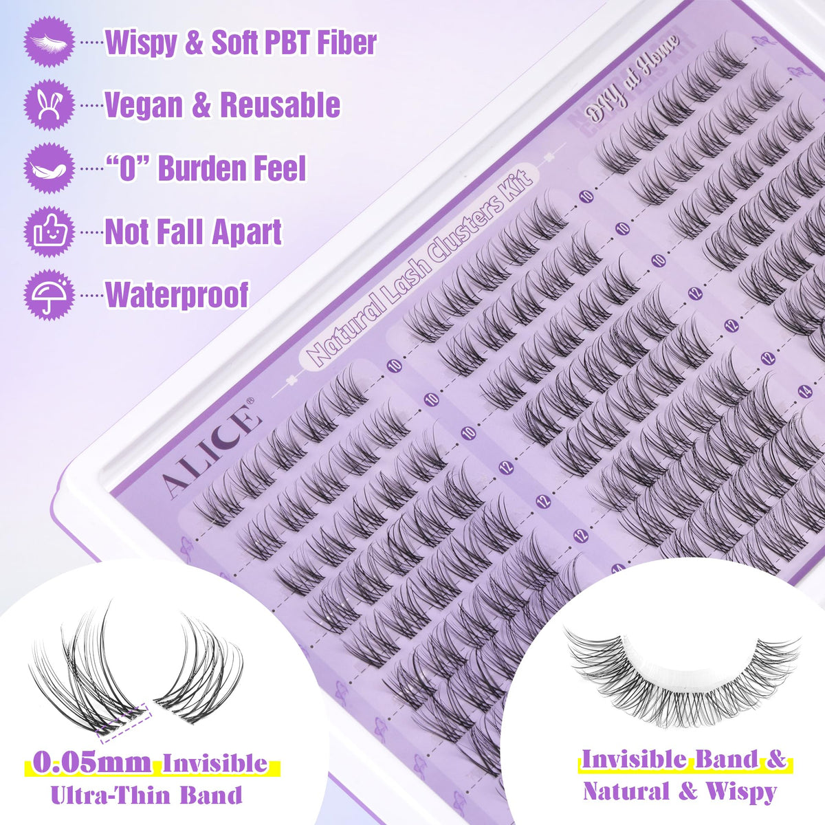 ALICE wispy cluster lashes 10-14mm for a soft, believable look.