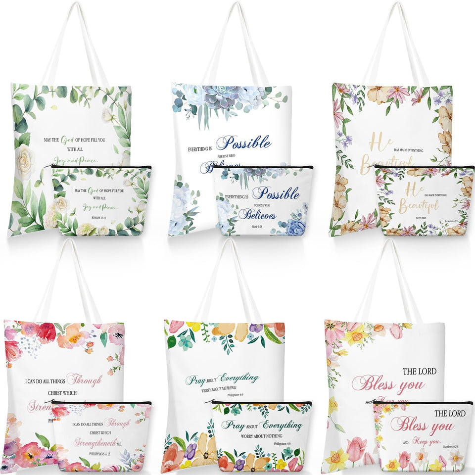 Aliceset Bible verse tote bag in white, roomy for books and daily items.