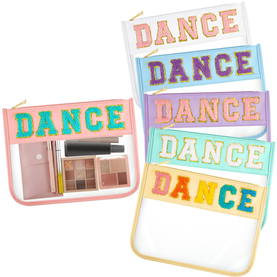 AliceSet Dance chenille patches on a clear cosmetic bag for elegant travel organization.