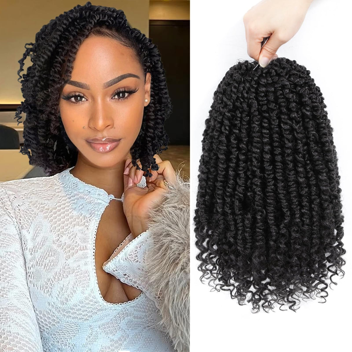 Alicoco Passion Twist 8in crochet hair pre-looped for quick installation and natural look.