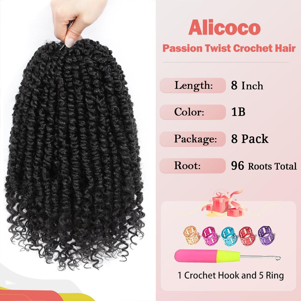 Alicoco Passion Twist crochet hair pre-twisted curls with curly ends for effortless styling.