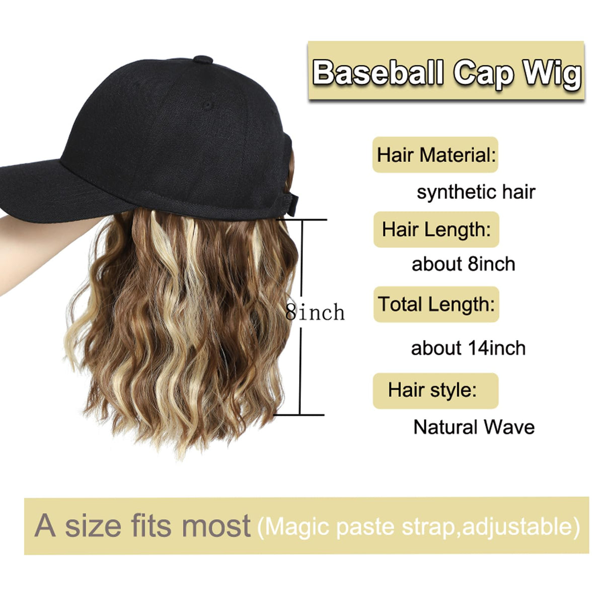 AliRobam 14-inch brown blonde wig hat viewed from the side.