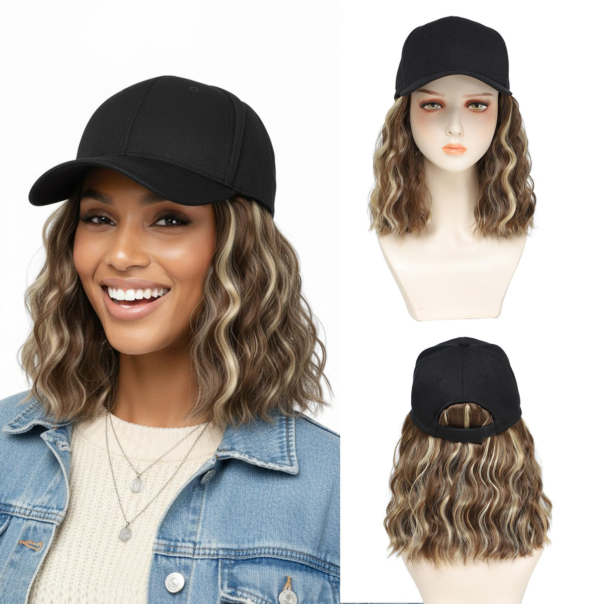 AliRobam wig hat with natural wave extensions in brown blonde for everyday style.