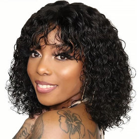 ALISFEEL short water wave wig with bangs in 12 inch for natural daily wear.