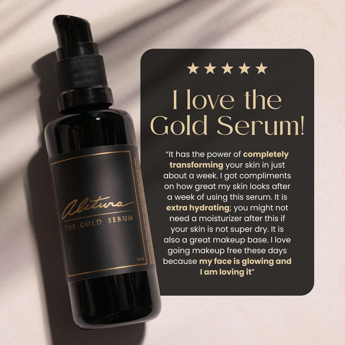 Evening routine with Alitura Gold Serum and moisturizer for hydration.