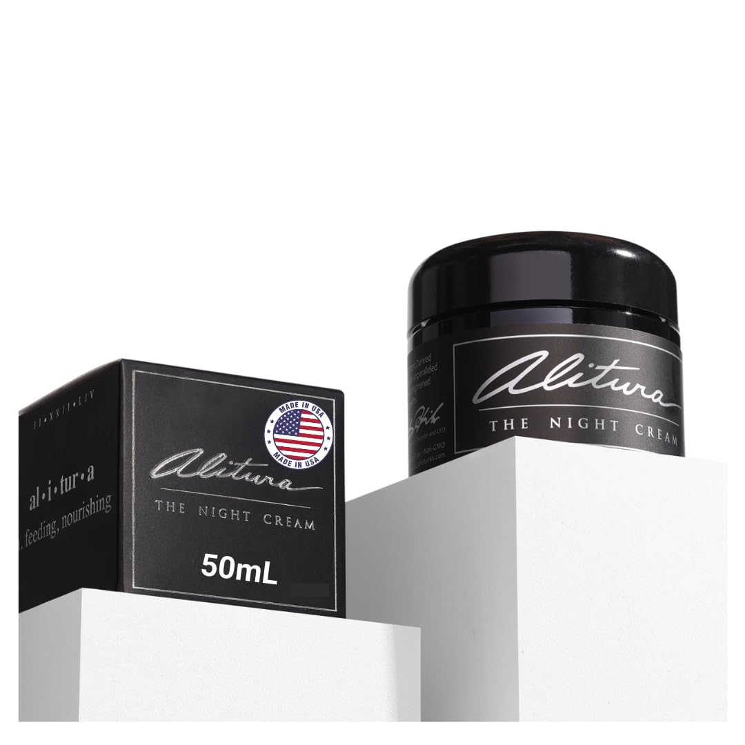 Alitura Hyaluronic Night Cream bottle closeup; rich overnight hydration