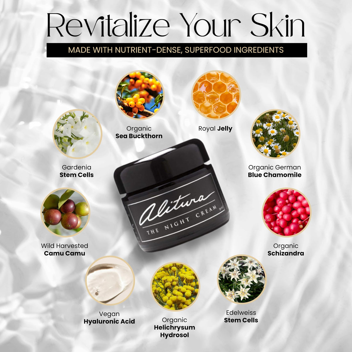 Alitura Hyaluronic Night Cream with buriti oil; nourishes skin with nutrient-rich botanicals