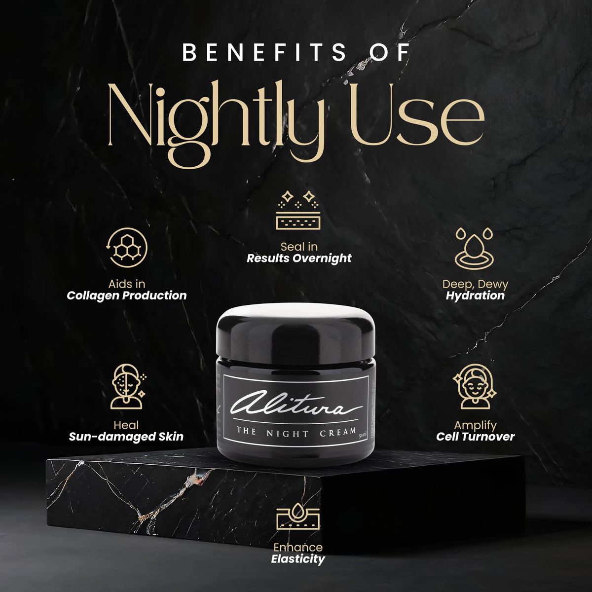 Alitura Hyaluronic Night Cream jar and ingredients; clean, plant-powered formula