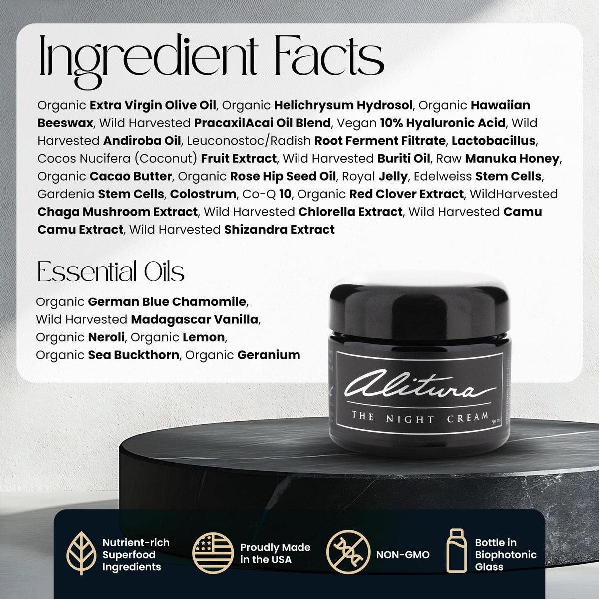 Alitura Hyaluronic Night Cream texture swatch; smooth, creamy formula nourishes skin