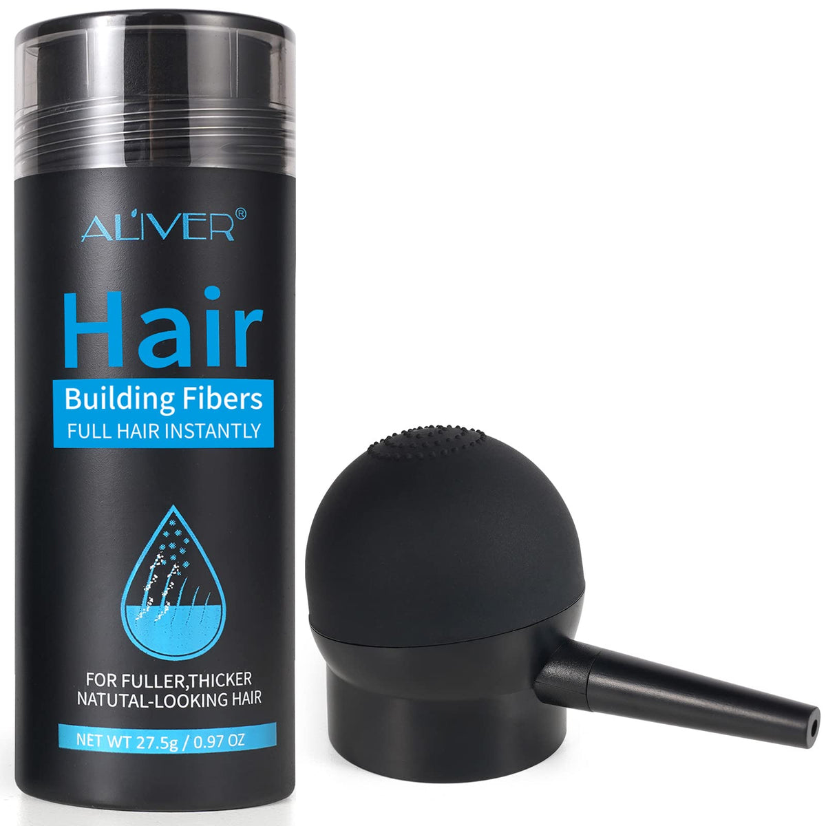ALIVER hair fibers in dark brown spray for instant coverage of thinning areas.