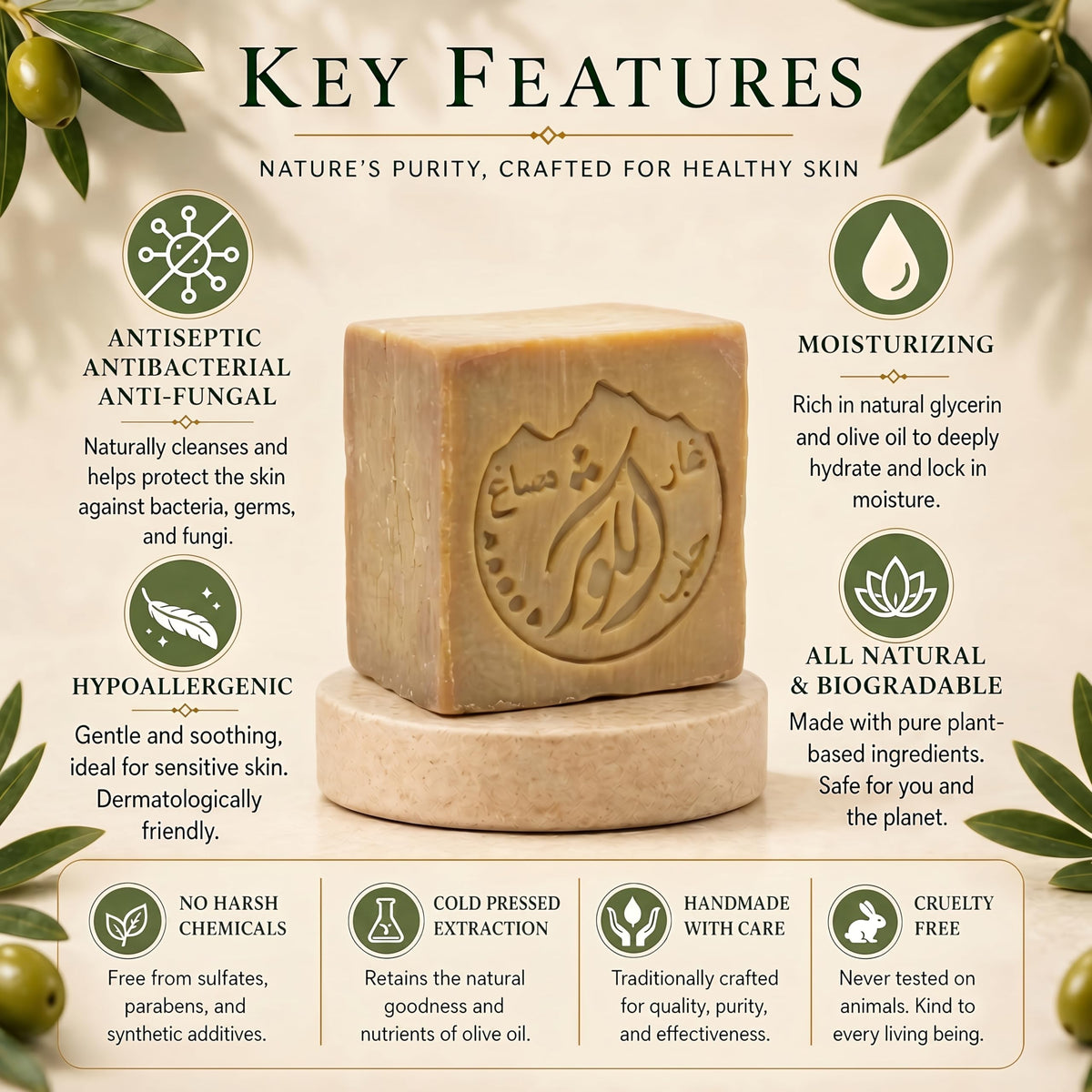 ALKAWTHAR olive oil texture close-up reveals smooth, moisturizing bar surface.