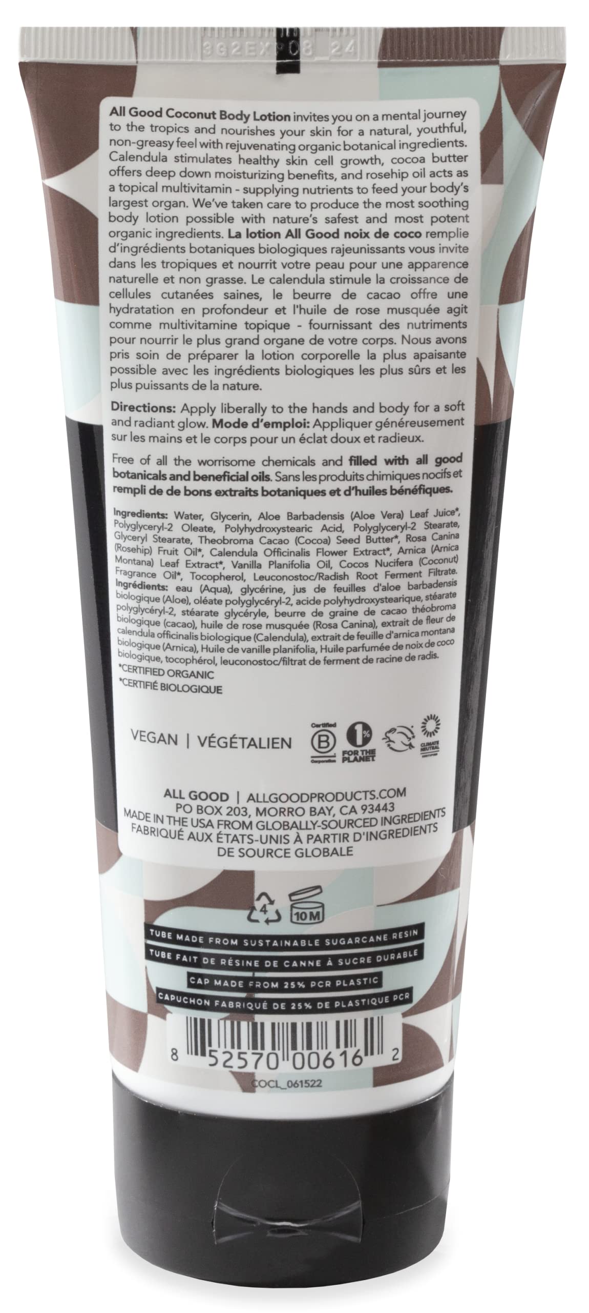 All Good Body Lotion Coconut packaging made from sugarcane resin.