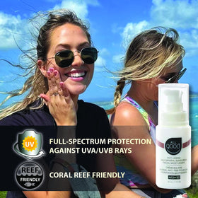 All Good broad spectrum protection label on sunscreen bottle.